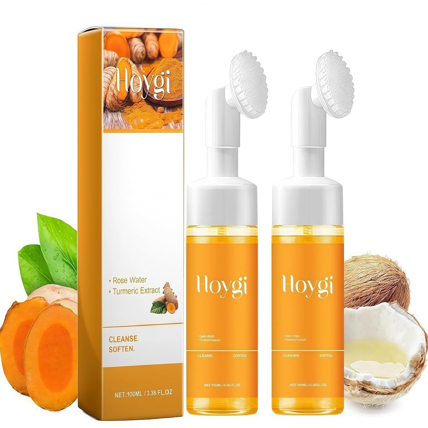 2 Pcs Hoygi Glow Wash Turmeric Face Wash with Brush, Deep Cleansing Facial Scrub Exfoliating for All Woman Skin.