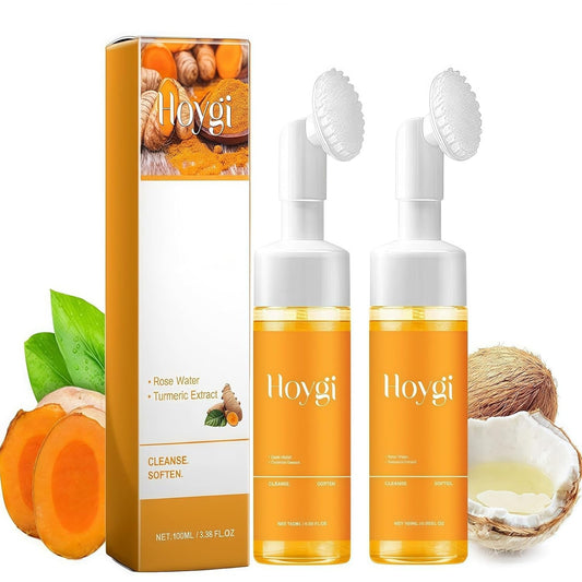 2 Pcs Hoygi Glow Wash Turmeric Face Wash with Brush, Deep Cleansing Facial Scrub Exfoliating for All Woman Skin.