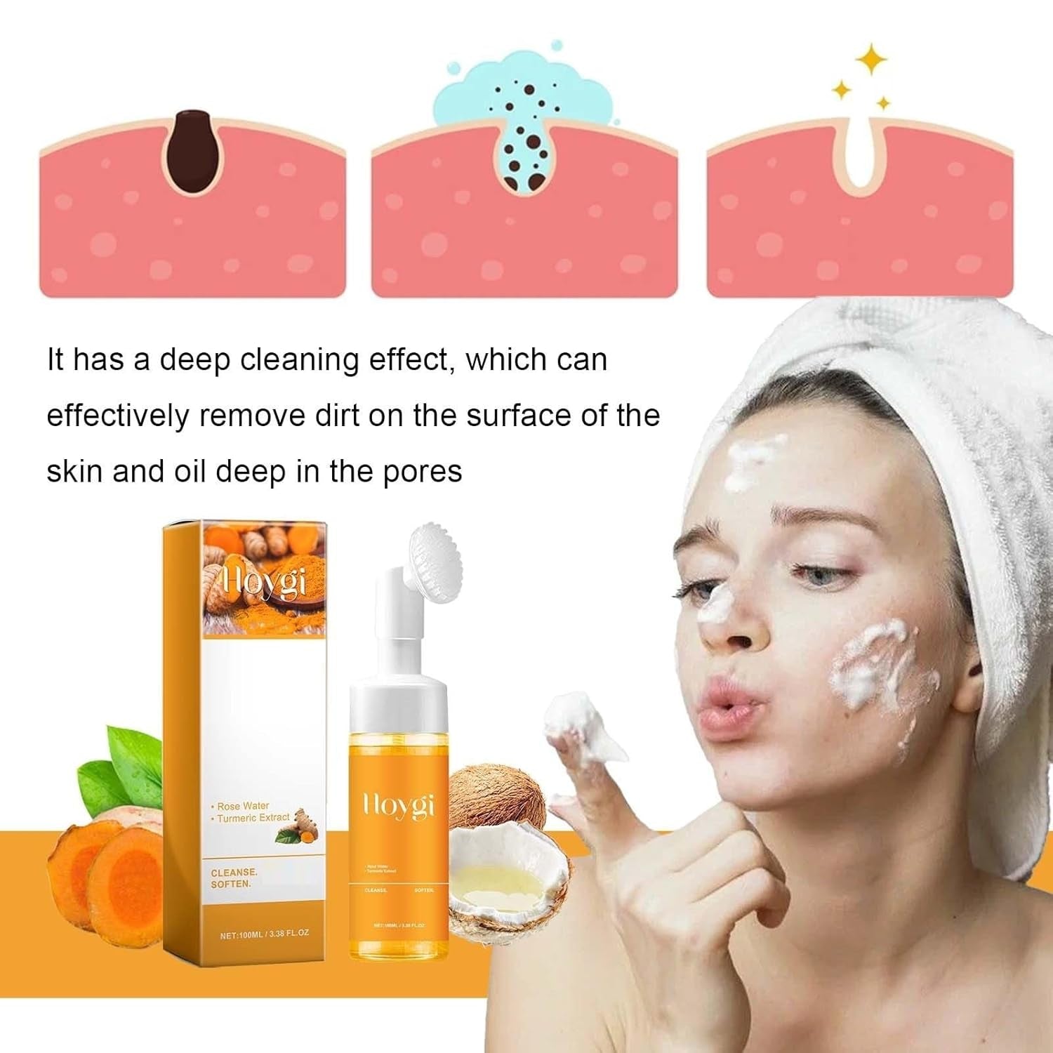 2 Pcs Hoygi Glow Wash Turmeric Face Wash with Brush, Deep Cleansing Facial Scrub Exfoliating for All Woman Skin.