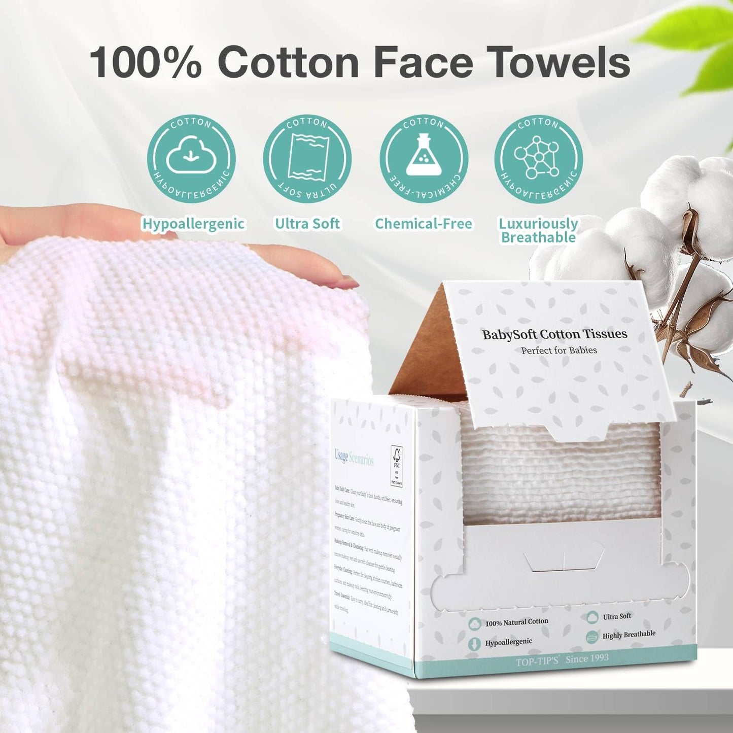 100% Pure Cotton Disposable Face Towel, 2 Pack Soft & Skin Friendly Face Towelettes Disposable for Sensitive Skin, Lint- Free Makeup Remover Dry Wipes, Thick Facial Towels Disposable