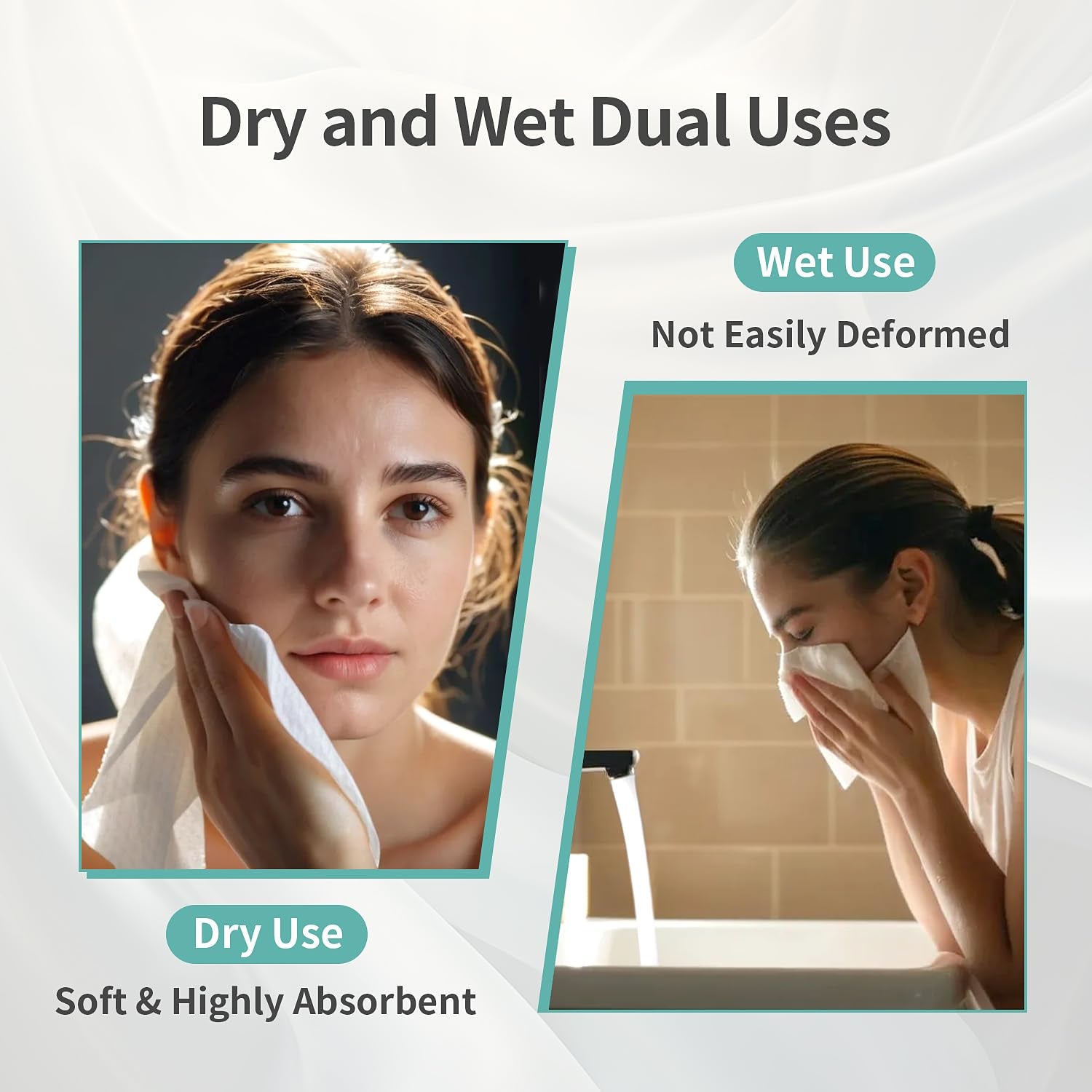 100% Pure Cotton Disposable Face Towel, 2 Pack Soft & Skin Friendly Face Towelettes Disposable for Sensitive Skin, Lint- Free Makeup Remover Dry Wipes, Thick Facial Towels Disposable